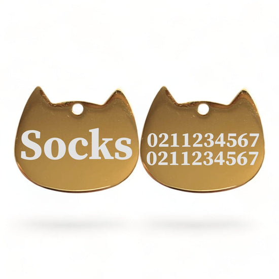 ⭐️Purr. Meow. Woof.⭐️ - Name Front & 2 Numbers Back Bat Cat | Mirror Stainless | Cat ID Pet Tag - Gold