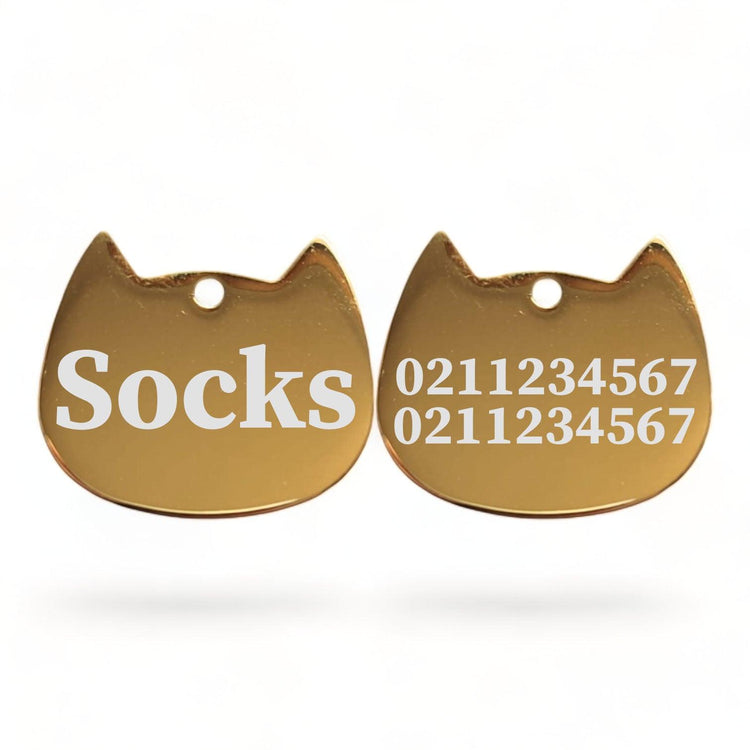 ⭐️Purr. Meow. Woof.⭐️ - Name Front & 2 Numbers Back Bat Cat | Mirror Stainless | Cat ID Pet Tag - Gold