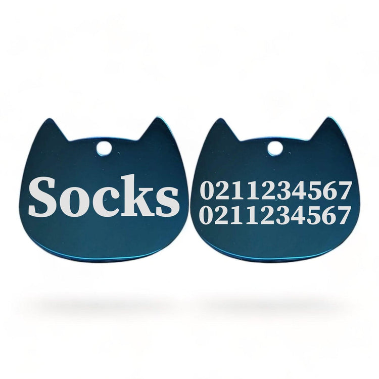 ⭐️Purr. Meow. Woof.⭐️ - Name Front & 2 Numbers Back Bat Cat | Mirror Stainless | Cat ID Pet Tag - MidnightBlue