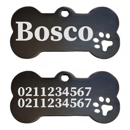 ⭐️Purr. Meow. Woof.⭐️ - Name Front & 2 Numbers Back Bone PP | Mirror Stainless | Dog ID Pet Tag - Black