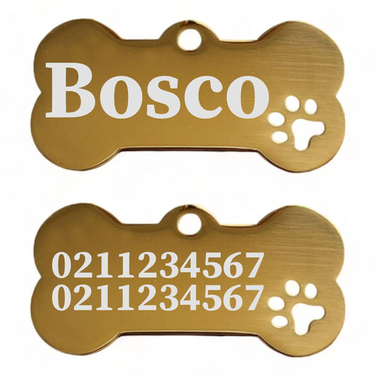 ⭐️Purr. Meow. Woof.⭐️ - Name Front & 2 Numbers Back Bone PP | Mirror Stainless | Dog ID Pet Tag - Gold