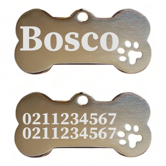 ⭐️Purr. Meow. Woof.⭐️ - Name Front & 2 Numbers Back Bone PP | Mirror Stainless | Dog ID Pet Tag - Silver
