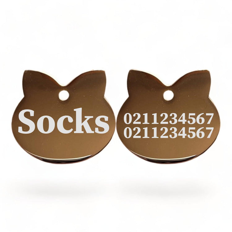 ⭐️Purr. Meow. Woof.⭐️ - Name Front & 2 Numbers Back Cat Ears | Mirror Stainless | Cat ID Pet Tag - BurlyWood