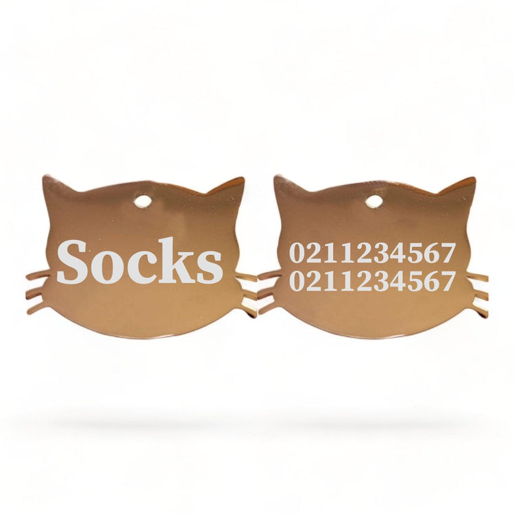⭐️Purr. Meow. Woof.⭐️ - Name Front & 2 Numbers Back Cat Whiskers | Mirror Stainless | Cat ID Pet Tag - BurlyWood