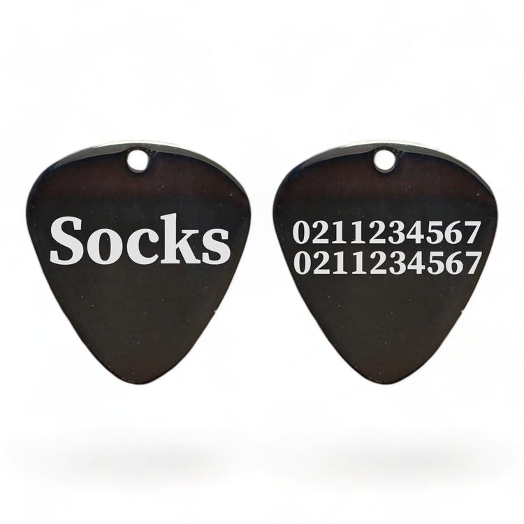 ⭐️Purr. Meow. Woof.⭐️ - Name Front & 2 Numbers Back Guitar Pick | Mirror Stainless | Dog & Cat ID Pet Tag - Black