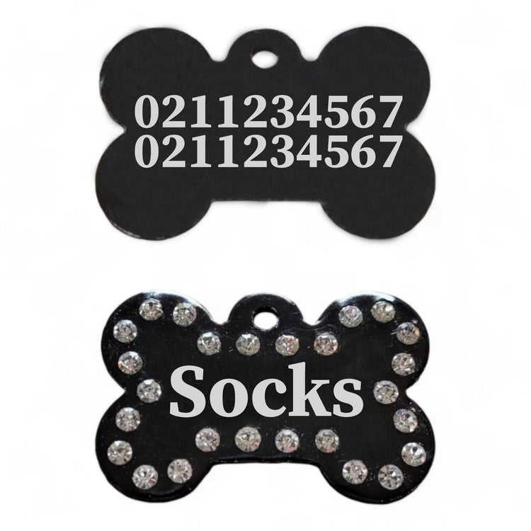 ⭐️Purr. Meow. Woof.⭐️ - Name Front & 2 Numbers Back | Bling Bone Aluminum | Dog ID Pet Tag - Black
