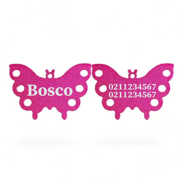 ⭐️Purr. Meow. Woof.⭐️ - Name Front & 2 Numbers Back | Butterfly Aluminum | Dog ID Pet Tag - DeepPink