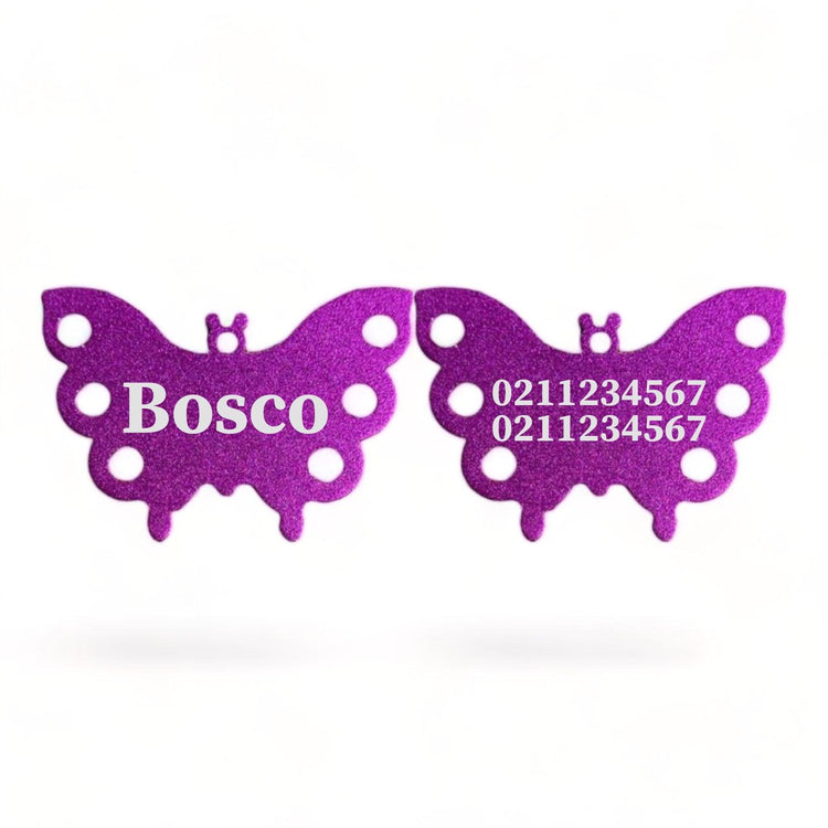 ⭐️Purr. Meow. Woof.⭐️ - Name Front & 2 Numbers Back | Butterfly Aluminum | Dog ID Pet Tag - Purple