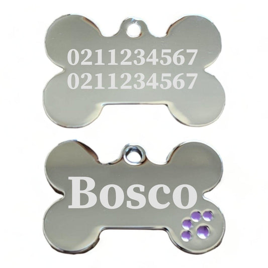 ⭐️Purr. Meow. Woof.⭐️ - Name Front & 2 Numbers Back | Dot Paw Bone | Dog ID Pet Tag - Purple