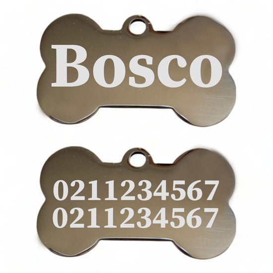 ⭐️Purr. Meow. Woof.⭐️ - Name Front & 2 Numbers Back | Mirror Stainless | Bone Dog ID Pet Tag - Silver / Small