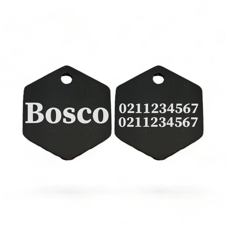 ⭐️Purr. Meow. Woof.⭐️ - Name Front & 2 Numbers Back | Mirror Stainless | Hexagon Cat & Dog ID Pet Tag - Black / Large (Dog)