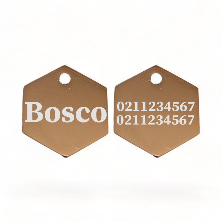 ⭐️Purr. Meow. Woof.⭐️ - Name Front & 2 Numbers Back | Mirror Stainless | Hexagon Cat & Dog ID Pet Tag - BurlyWood / Large (Dog)