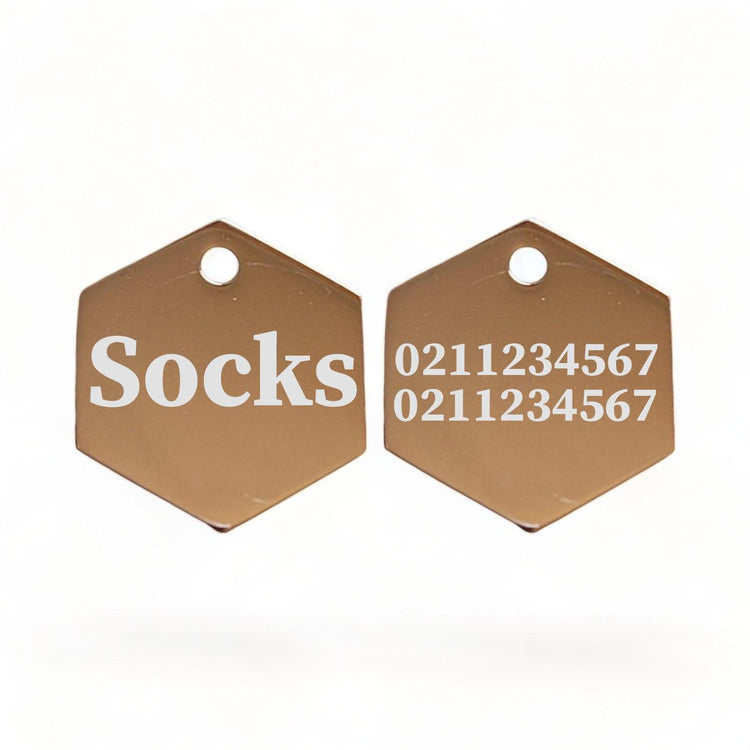 ⭐️Purr. Meow. Woof.⭐️ - Name Front & 2 Numbers Back | Mirror Stainless | Hexagon Cat & Dog ID Pet Tag - BurlyWood / Small (Cat)