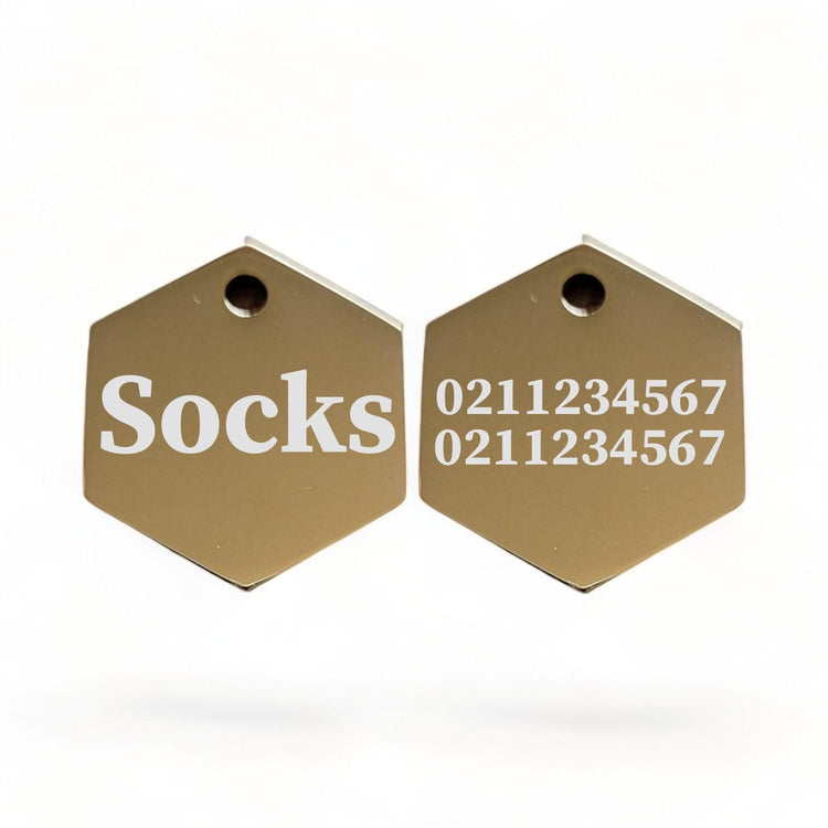 ⭐️Purr. Meow. Woof.⭐️ - Name Front & 2 Numbers Back | Mirror Stainless | Hexagon Cat & Dog ID Pet Tag - Gold / Small (Cat)