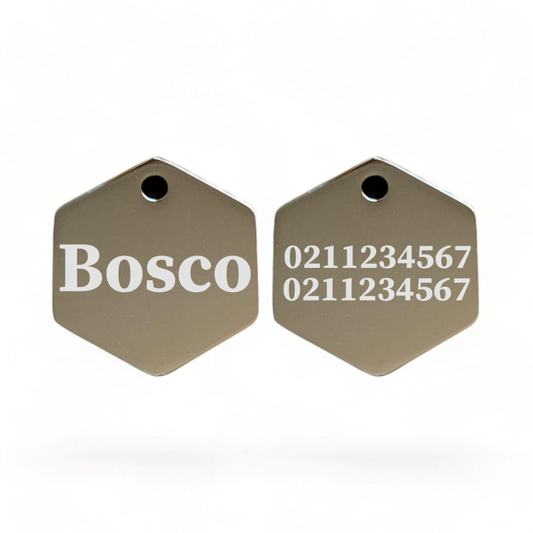 ⭐️Purr. Meow. Woof.⭐️ - Name Front & 2 Numbers Back | Mirror Stainless | Hexagon Cat & Dog ID Pet Tag - Silver / Large (Dog)