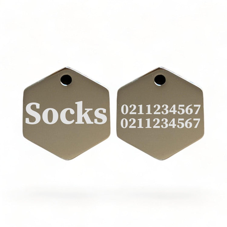 ⭐️Purr. Meow. Woof.⭐️ - Name Front & 2 Numbers Back | Mirror Stainless | Hexagon Cat & Dog ID Pet Tag - Silver / Small (Cat)