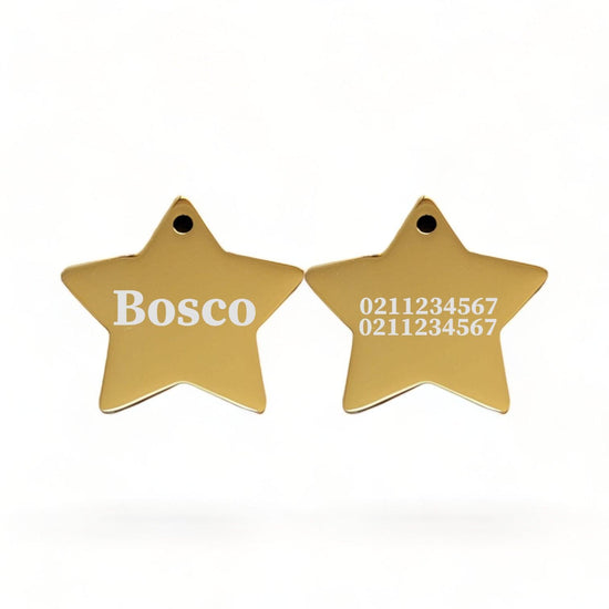 ⭐️Purr. Meow. Woof.⭐️ - Name Front & 2 Numbers Back | Mirror Stainless | Star Dog & Cat ID Pet Tag - Gold / Dog (Large)