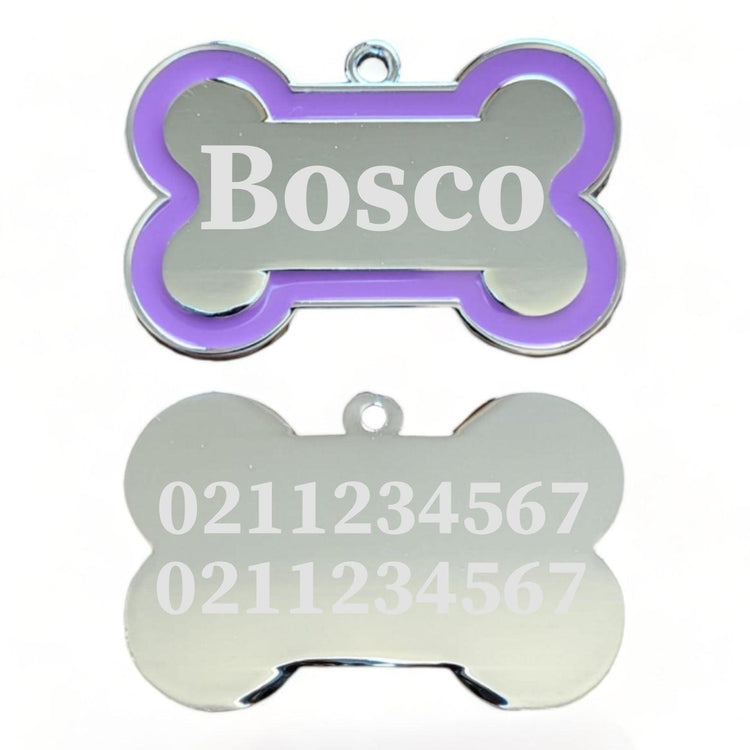 ⭐️Purr. Meow. Woof.⭐️ - Name Front & 2 Numbers Back | Outline Bone | Dog ID Pet Tag - Purple