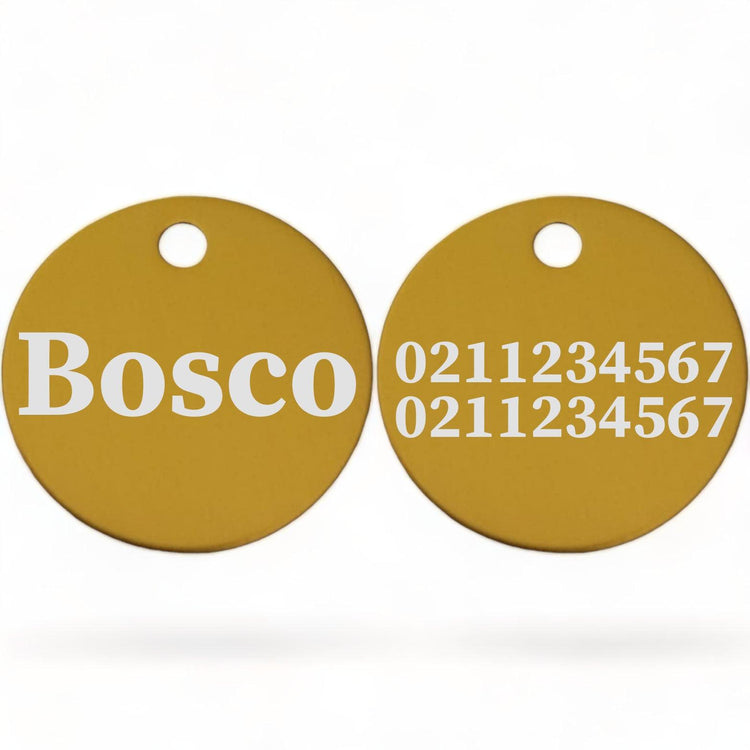 ⭐️Purr. Meow. Woof.⭐️ - Name Front & 2 Numbers Back | Round Aluminium | Dog ID Pet Tag - Gold