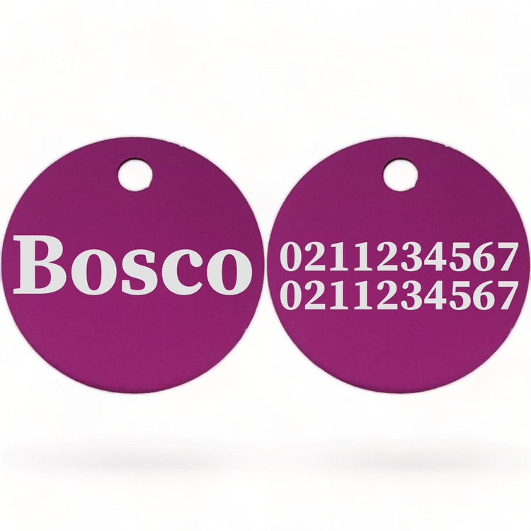 ⭐️Purr. Meow. Woof.⭐️ - Name Front & 2 Numbers Back | Round Aluminium | Dog ID Pet Tag - Purple