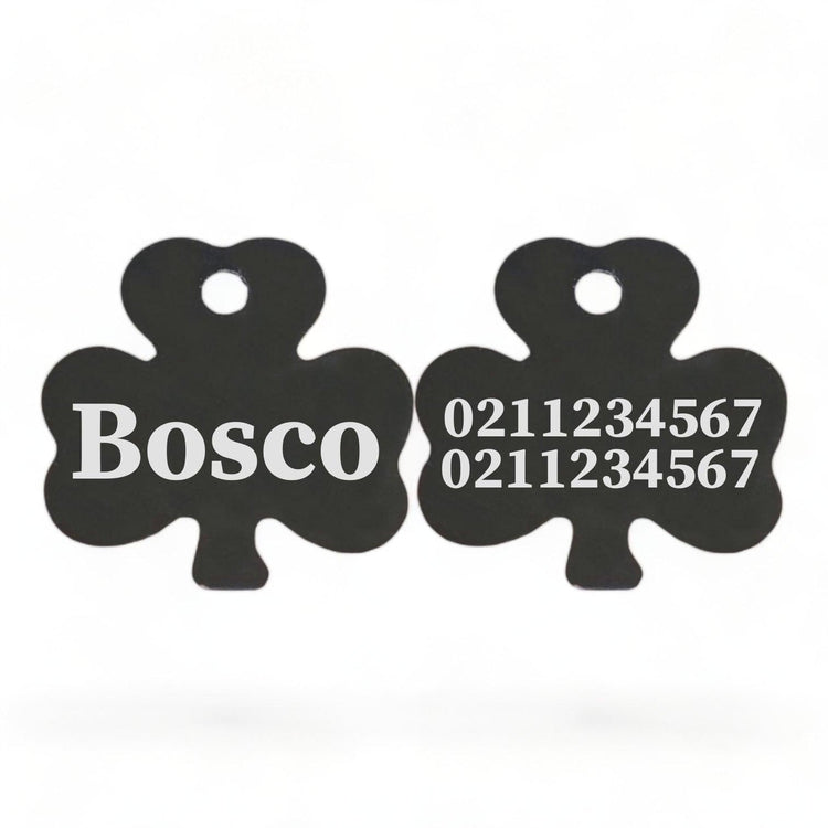 ⭐️Purr. Meow. Woof.⭐️ - Name Front & 2 Numbers Back | Shamrock Aluminum | Cat, Kitten & Dog ID Pet Tag - Black