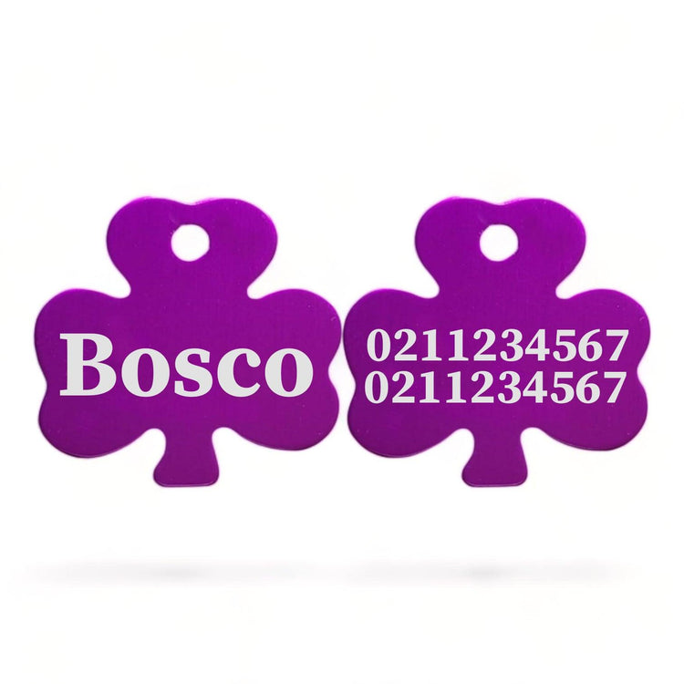 ⭐️Purr. Meow. Woof.⭐️ - Name Front & 2 Numbers Back | Shamrock Aluminum | Cat, Kitten & Dog ID Pet Tag - Purple