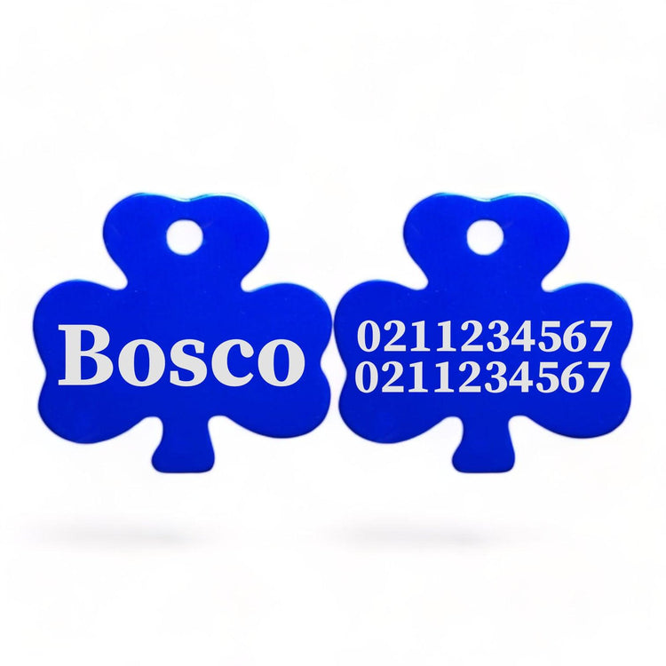 ⭐️Purr. Meow. Woof.⭐️ - Name Front & 2 Numbers Back | Shamrock Aluminum | Cat, Kitten & Dog ID Pet Tag - RoyalBlue