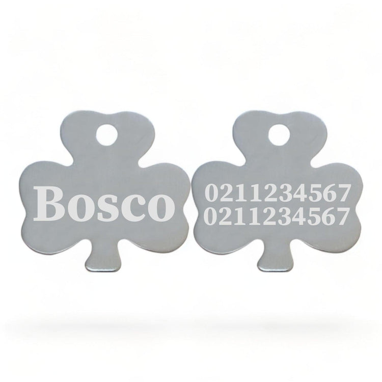 ⭐️Purr. Meow. Woof.⭐️ - Name Front & 2 Numbers Back | Shamrock Aluminum | Cat, Kitten & Dog ID Pet Tag - Silver