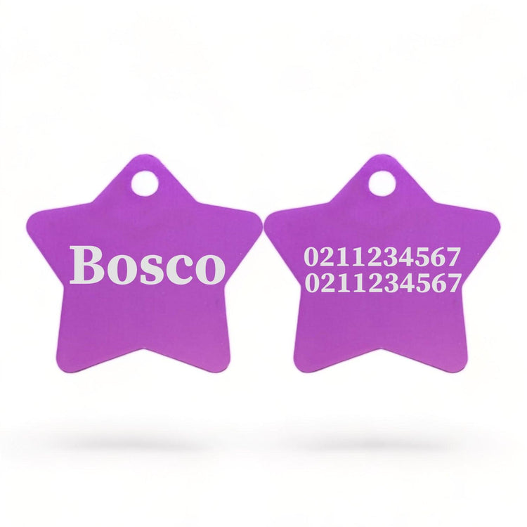 ⭐️Purr. Meow. Woof.⭐️ - Name Front & 2 Numbers Back | Star Aluminum | Cat, Kitten & Dog ID Pet Tag - Purple / Dog (Large)