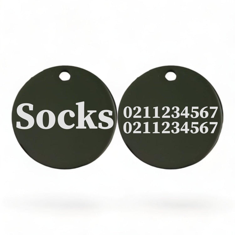 ⭐️Purr. Meow. Woof.⭐️ - Name Front & 2 Numbers Back Round | Mirror Stainless | Cat ID Pet Tag - Black