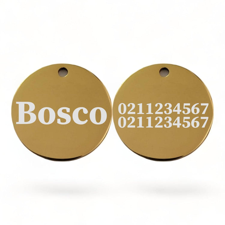 ⭐️Purr. Meow. Woof.⭐️ - Name Front & 2 Numbers Back Round | Mirror Stainless | Dog ID Pet Tag - Gold