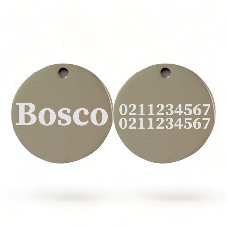 ⭐️Purr. Meow. Woof.⭐️ - Name Front & 2 Numbers Back Round | Mirror Stainless | Dog ID Pet Tag - Silver