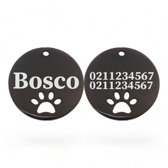 ⭐️Purr. Meow. Woof.⭐️ - Name Front & 2 Numbers Back Round Paw Print | Mirror Stainless | Cat & Dog ID Pet Tag - Black / Large (Dog)