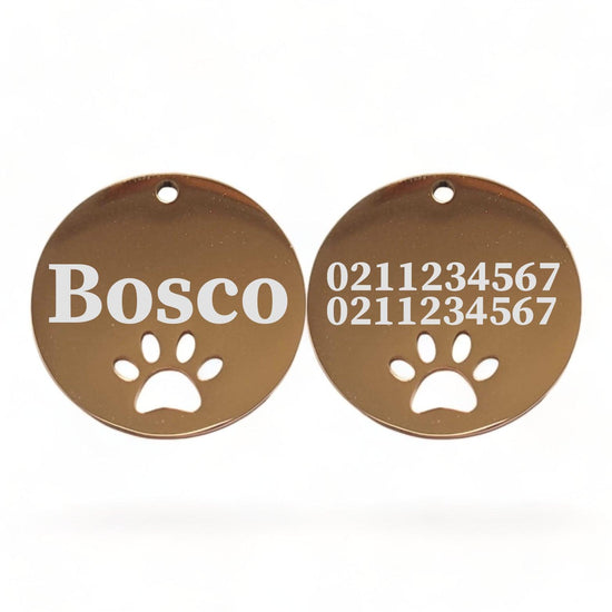 ⭐️Purr. Meow. Woof.⭐️ - Name Front & 2 Numbers Back Round Paw Print | Mirror Stainless | Cat & Dog ID Pet Tag - BurlyWood / Large (Dog)