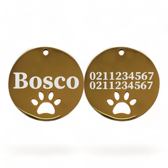 ⭐️Purr. Meow. Woof.⭐️ - Name Front & 2 Numbers Back Round Paw Print | Mirror Stainless | Cat & Dog ID Pet Tag - Gold / Large (Dog)
