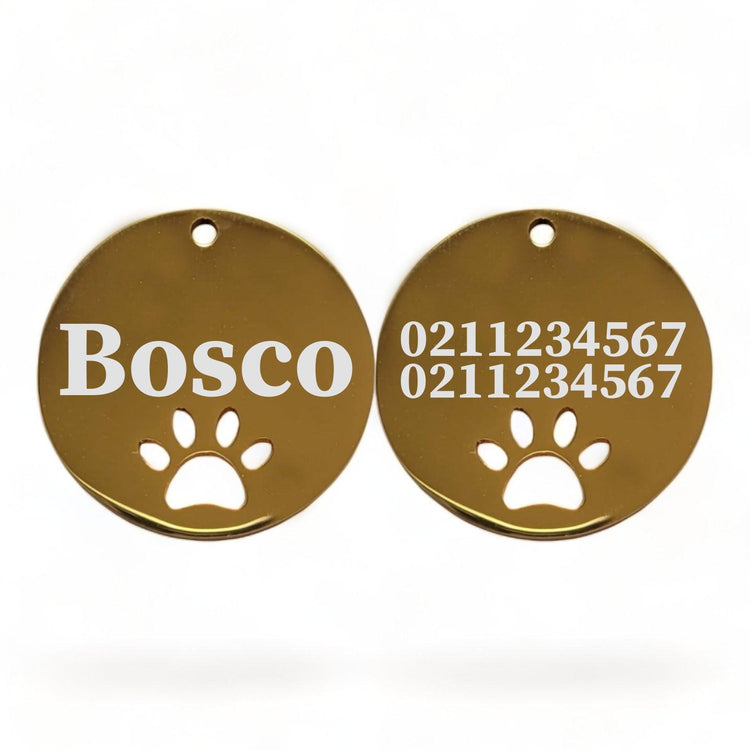 ⭐️Purr. Meow. Woof.⭐️ - Name Front & 2 Numbers Back Round Paw Print | Mirror Stainless | Cat & Dog ID Pet Tag - Gold / Large (Dog)