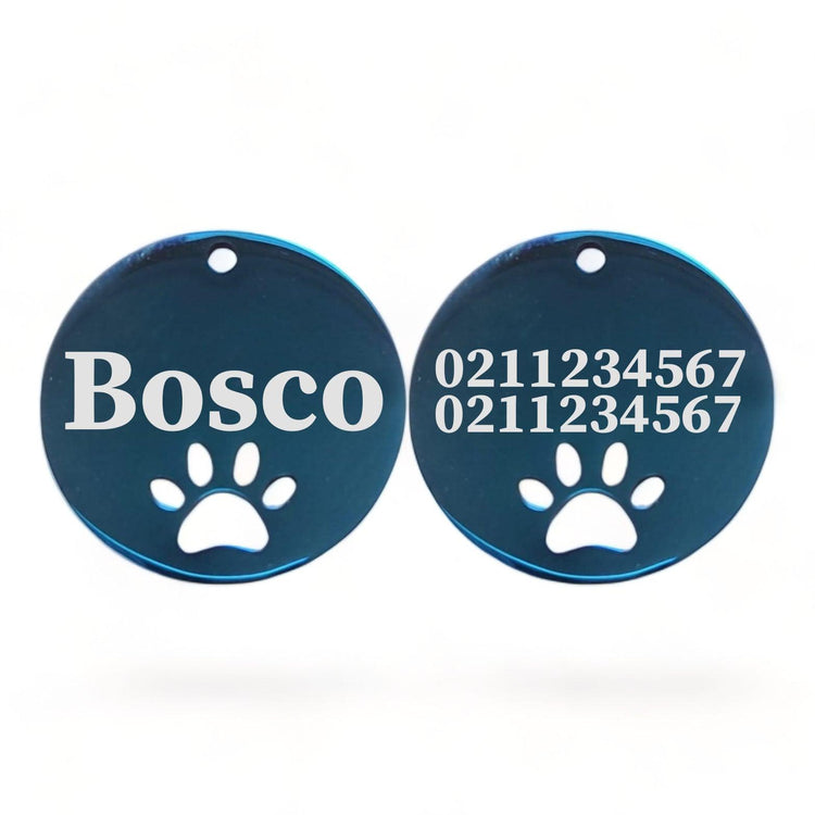 ⭐️Purr. Meow. Woof.⭐️ - Name Front & 2 Numbers Back Round Paw Print | Mirror Stainless | Cat & Dog ID Pet Tag - MidnightBlue / Large (Dog)
