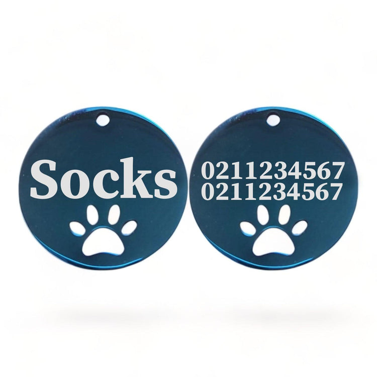 ⭐️Purr. Meow. Woof.⭐️ - Name Front & 2 Numbers Back Round Paw Print | Mirror Stainless | Cat & Dog ID Pet Tag - MidnightBlue / Small (Cat)