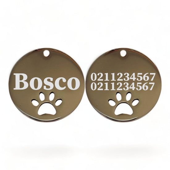 ⭐️Purr. Meow. Woof.⭐️ - Name Front & 2 Numbers Back Round Paw Print | Mirror Stainless | Cat & Dog ID Pet Tag - Silver / Large (Dog)