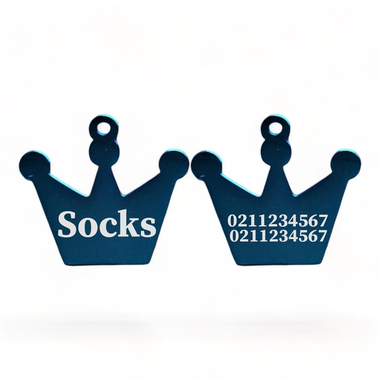 ⭐️Purr. Meow. Woof.⭐️ - Name Front & 2 Numbers Back Royal Crown | Mirror Stainless | Cat & Dog ID Pet Tag - MidnightBlue