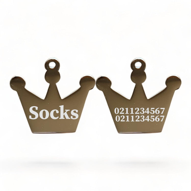 ⭐️Purr. Meow. Woof.⭐️ - Name Front & 2 Numbers Back Royal Crown | Mirror Stainless | Cat & Dog ID Pet Tag - Silver