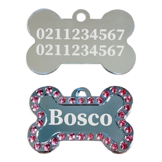 ⭐️Purr. Meow. Woof.⭐️ - Name Front & 2 Numbers Back Sparkly Bone Dog ID Pet Tag - LightPink