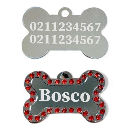 ⭐️Purr. Meow. Woof.⭐️ - Name Front & 2 Numbers Back Sparkly Bone Dog ID Pet Tag - Red
