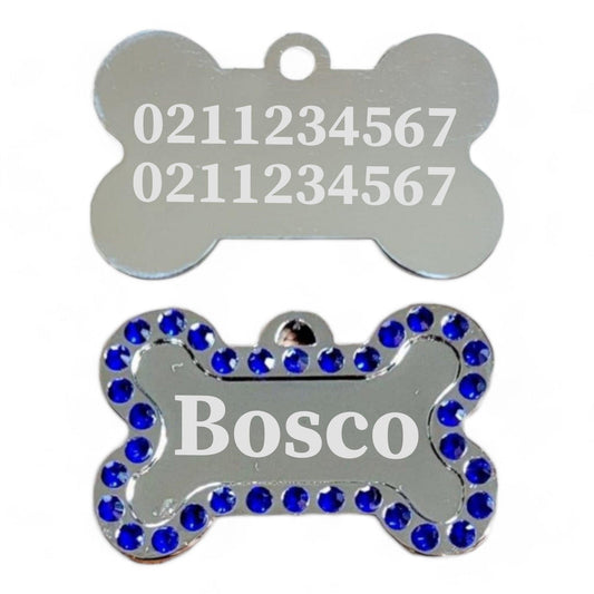 ⭐️Purr. Meow. Woof.⭐️ - Name Front & 2 Numbers Back Sparkly Bone Dog ID Pet Tag - RoyalBlue