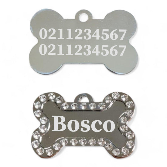 ⭐️Purr. Meow. Woof.⭐️ - Name Front & 2 Numbers Back Sparkly Bone Dog ID Pet Tag - White