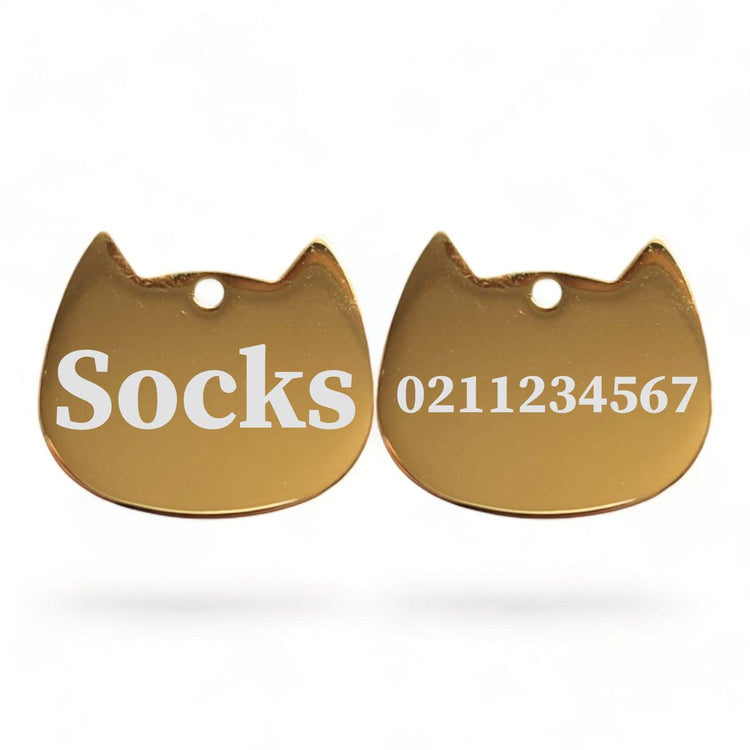 ⭐️Purr. Meow. Woof.⭐️ - Name Front & Number Back Bat Cat | Mirror Stainless | Cat ID Pet Tag - Gold