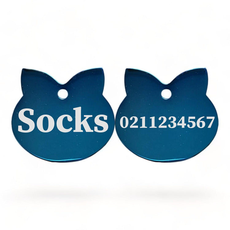 ⭐️Purr. Meow. Woof.⭐️ - Name Front & Number Back Cat Ears | Mirror Stainless | Cat ID Pet Tag - MidnightBlue