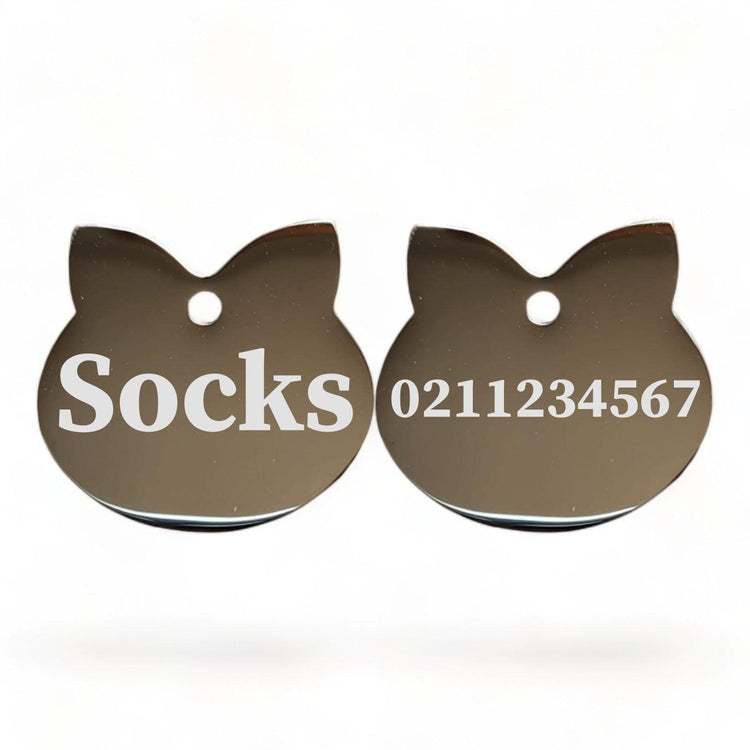 ⭐️Purr. Meow. Woof.⭐️ - Name Front & Number Back Cat Ears | Mirror Stainless | Cat ID Pet Tag - Silver