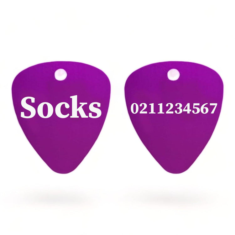 ⭐️Purr. Meow. Woof.⭐️ - Name Front & Number Back Guitar Pick Cat, Kitten & Dog ID Pet Tag - Purple