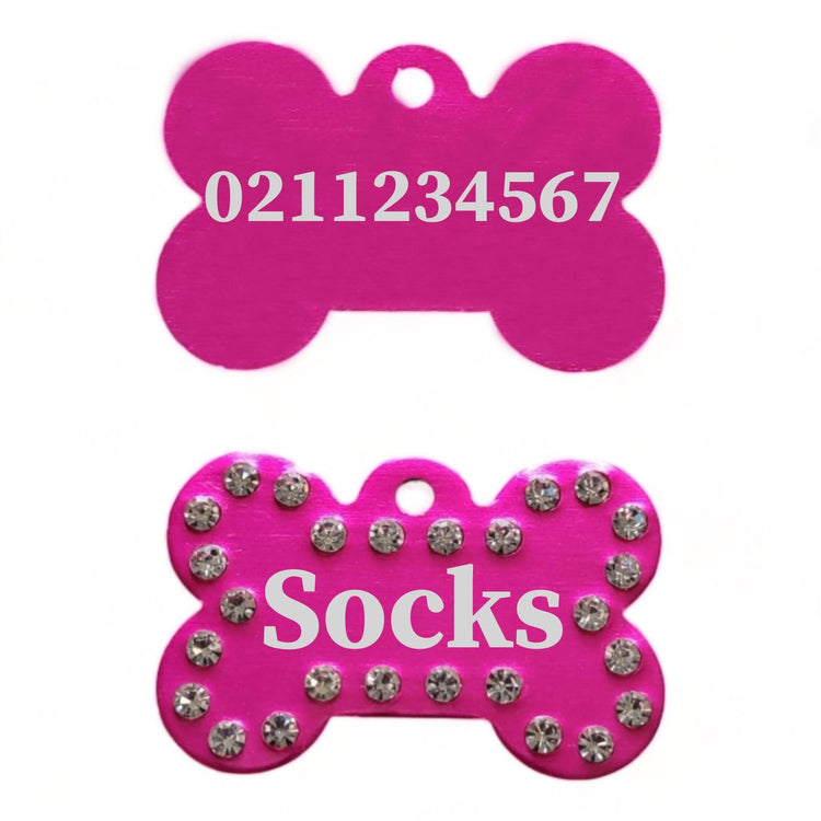 ⭐️Purr. Meow. Woof.⭐️ - Name Front & Number Back | Bling Bone Aluminum | Dog ID Pet Tag - DeepPink